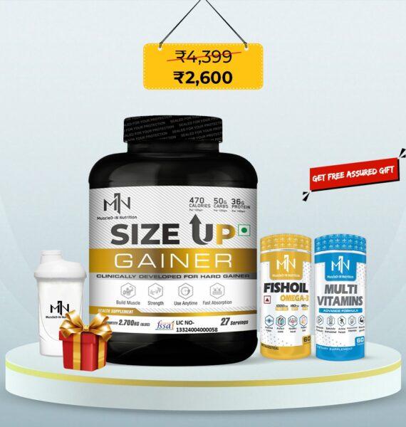 Muscle-IN Size Up Gainer 2.7kg – High-Calorie Mass Gainer + Free Shaker, Fish Oil, Multivitamin & Gift