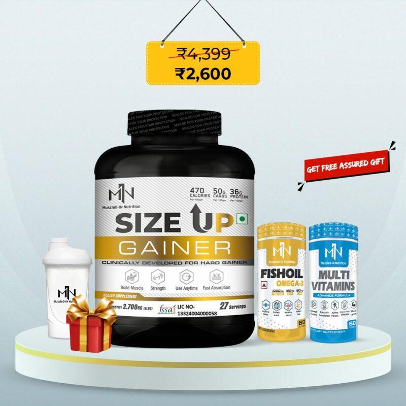 Muscle-IN Size Up Gainer 2.7kg – High-Calorie Mass Gainer + Free Shaker, Fish Oil, Multivitamin & Gift