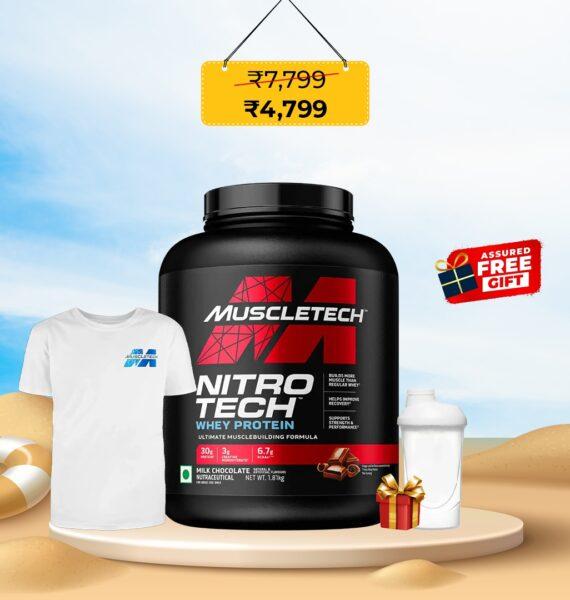 MuscleTech NitroTech Whey Protein 1.8kg – Milk Chocolate | Free Shaker, T-shirt & Gift