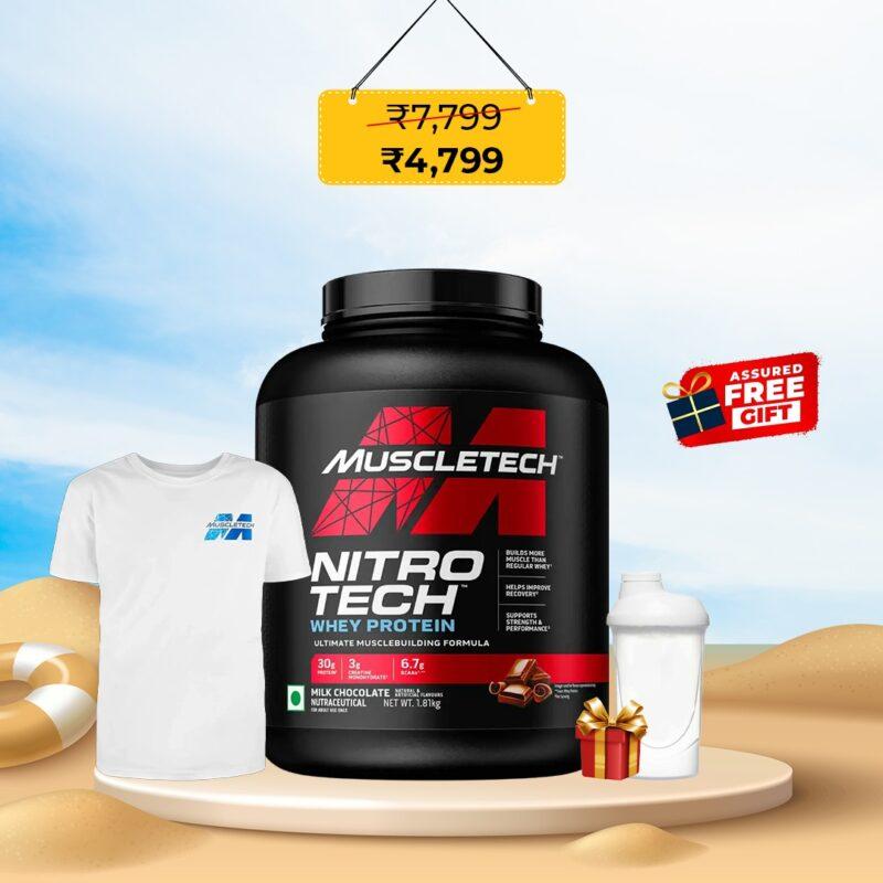 MuscleTech NitroTech Whey Protein 1.8kg – Milk Chocolate | Free Shaker, T-shirt & Gift